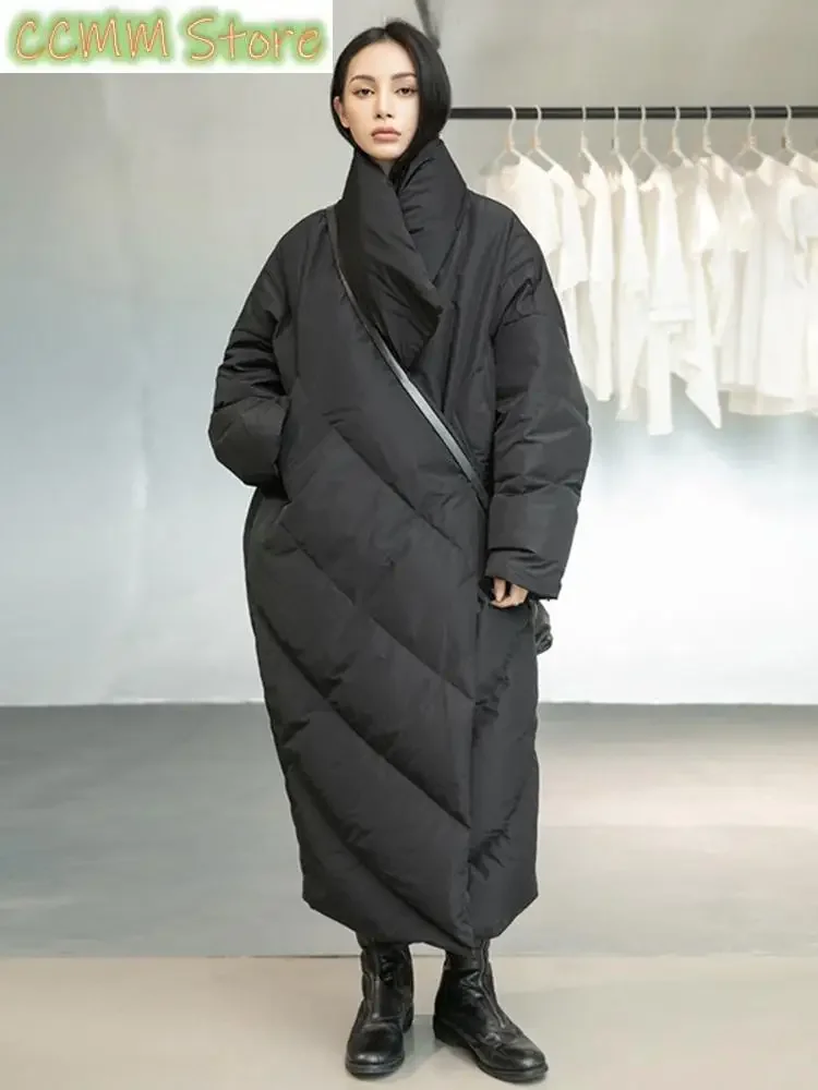 Loose Fit Black Long Down Jacket New Stand Collar Long Sleeve Warm Women Parkas Fashion Tide Autumn Winter