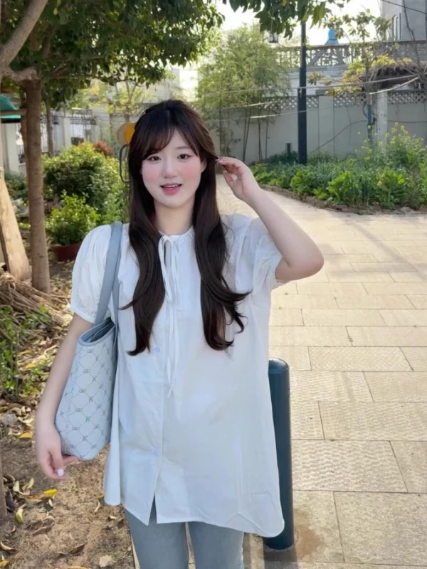 Blusa Solta Feminina Coreana Estilo Doce, Tamanho Grande, Casual de Verão, Versátil, com Cinto, para o Dia a Dia