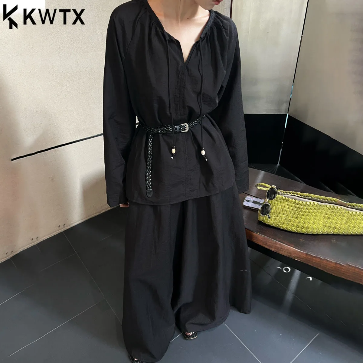

KWTX Women Two Piece Set Solid Casual Round Neck Tie Waist Blouse Palazzo Pants Luxe Chic Elegant Spring Summer 2025 Outfit