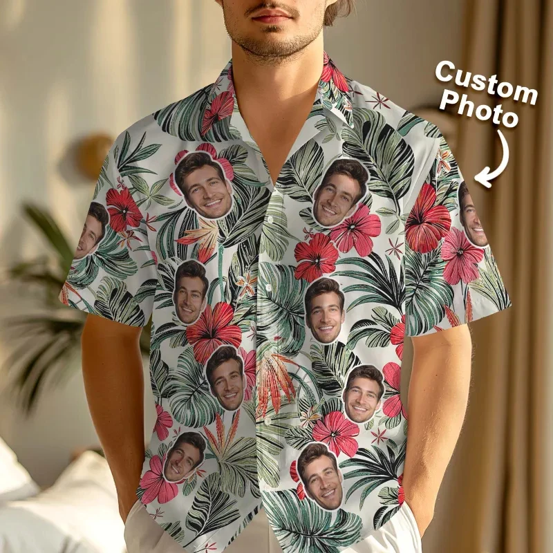 Custom Face Hawaiian Shirt Flamingo Tropical Print Personalized Diy Photo Short Sleeve Casual Beach Funny Gift Men Women Blouses