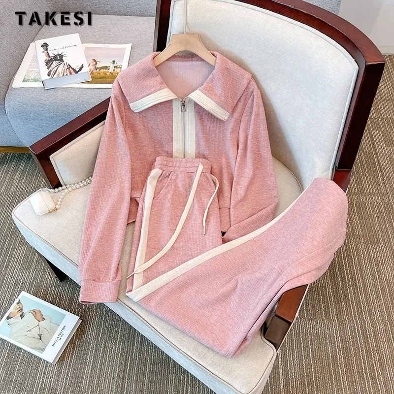 

2023 Autumn Winter Y2K Sporty Two-piece Set Women Long Sleeve Sweatshirt + Elastic Waist Trousers Pink Casual Pants Suits