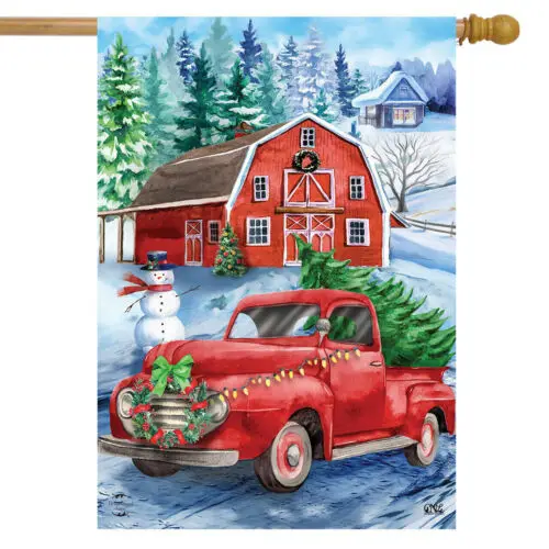 BRIARWOOD PICKING UP THE TREE FARM BARN TRUCK SNOWMAN CHRISTMAS LARGE YARD FLAG