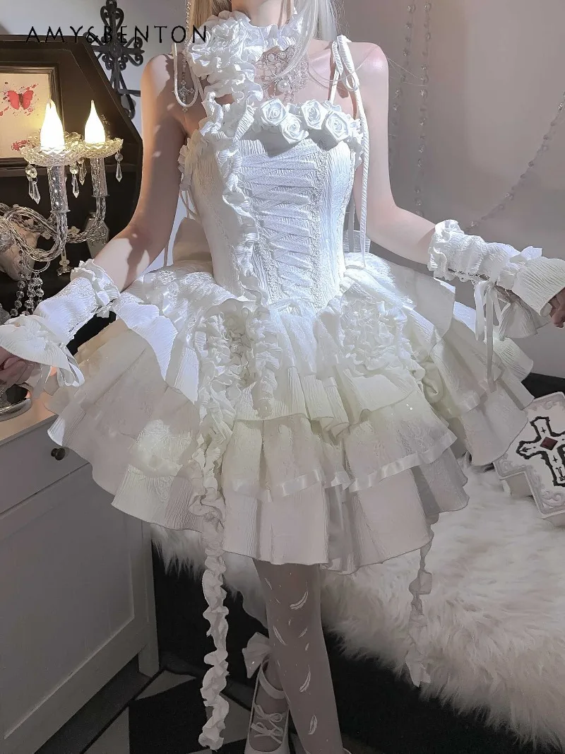 Subculture Gothic Princess Dress Three-Dimensional Flowers Strapless JSK Fishbone Slim Fit High Waist Tutu White Dress Women