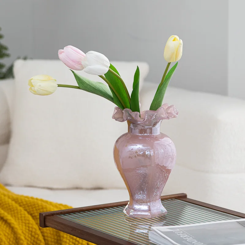 DSA medieval vase ornament pink flower arrangement decorative dining table glass home retro light luxury glazed flower ware