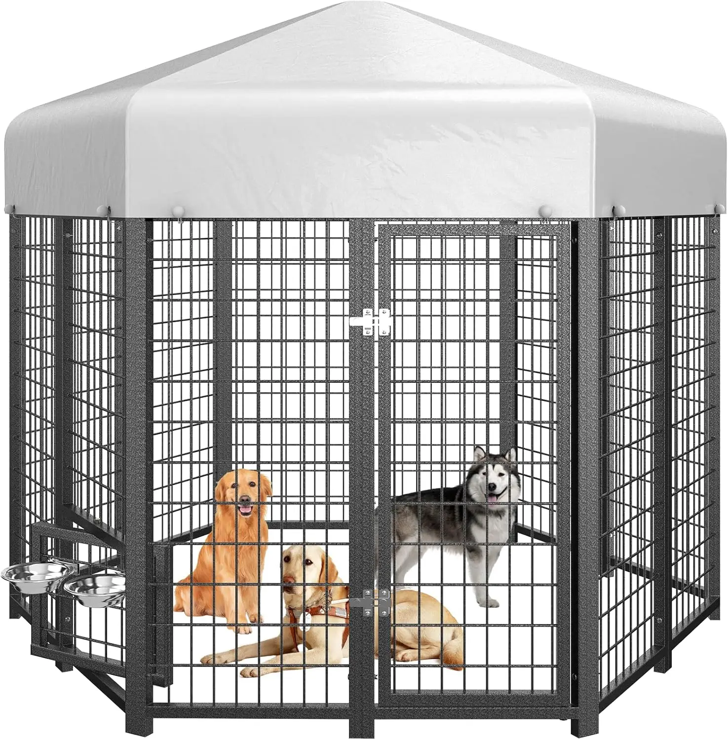 Round-Like Dog Kennel Pen Outside Outdoor Dog Run with Roof, Swivel Feeders/Doggy Door Allow Connecting Dog House- Pet Enclosure