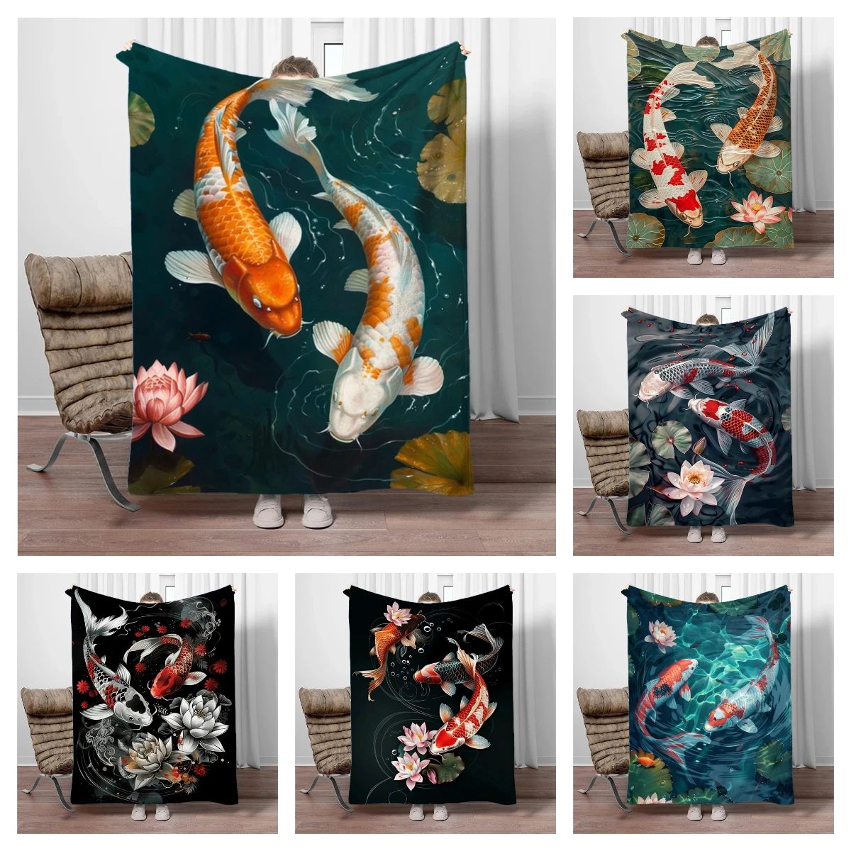 Fish lotus Soft Flannel Blankets Keep Warm Throw Blanket Comfortable Blanket for Picnic Beds Sofa Home Bedroom Travel Kids Gifts