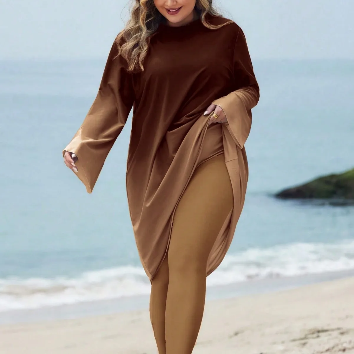 L-4XL 3pcs Modest swimwear Luxry Brown Loose Swimsuit for Curvy Women Gradient Brown long sleeved Robe and Two-piece swimwear