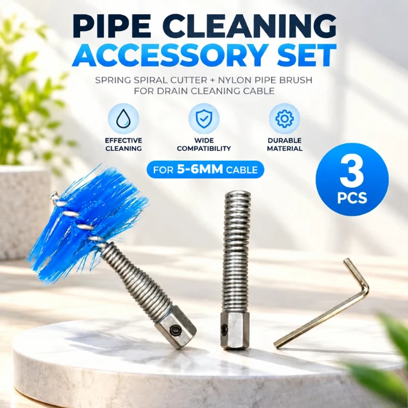 3Pcs Pipe Cleaning Kit, Fits 5-6mm Drain Cable, Spiral Guide Head & Nylon Brush, Replacement Accessory for Sewer Drain Uncloggin