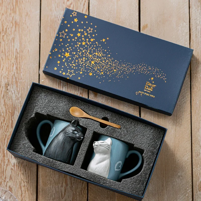 

310ml Couple Cat Cute Water Cup Gift Box Set Birthday Gift Box Ceramic Mug Coffee Milk Mocha Mug