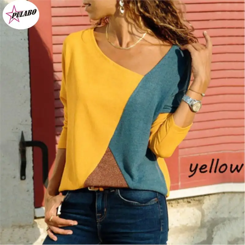 PULABO Women's Color Block Long Sleeve Casual Tunic Tops T Shirt Women T-Shirt Slim O-neck Elegant Tees  5XL Camisetas Mujer y2k