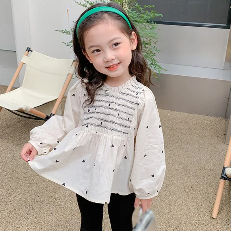 Spring Autumn Girls Children Lapel Blouse With Flared Sleeves Shirt Long-Sleeved Cotton Lace Child Girl Tops Blouse Kids Clothes