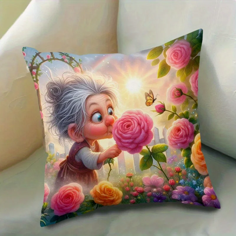 1pc 2D Flat (Pillow Not Included) Old Woman Smelling Rose Garden Cushion Cover Short Plush Whimsical Art Pillow Case Home Decor