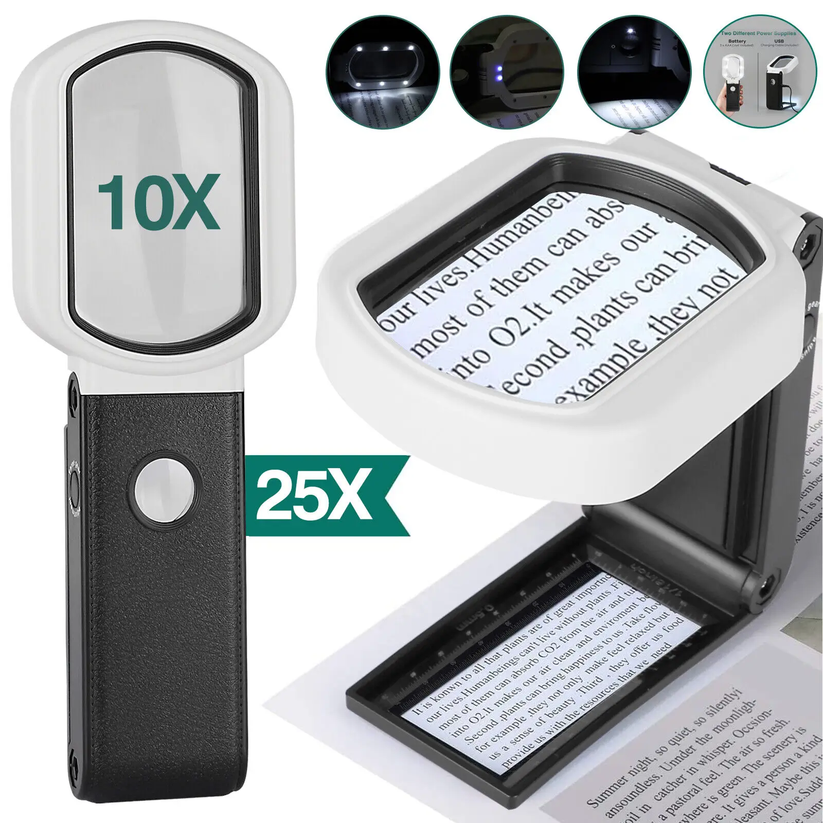 10X/25X Magnifying Glass With USB Charger Cable Replacement Accessories 9 LED Lights Foldable Desktop Magnifier For Reading Tool