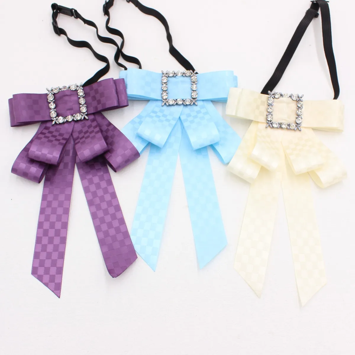 Women Black Bow Tie with Rhinestone Buckle Adjustable Uniform Ribbon Necktie for Office School Shirt – No Gift Box Included S346