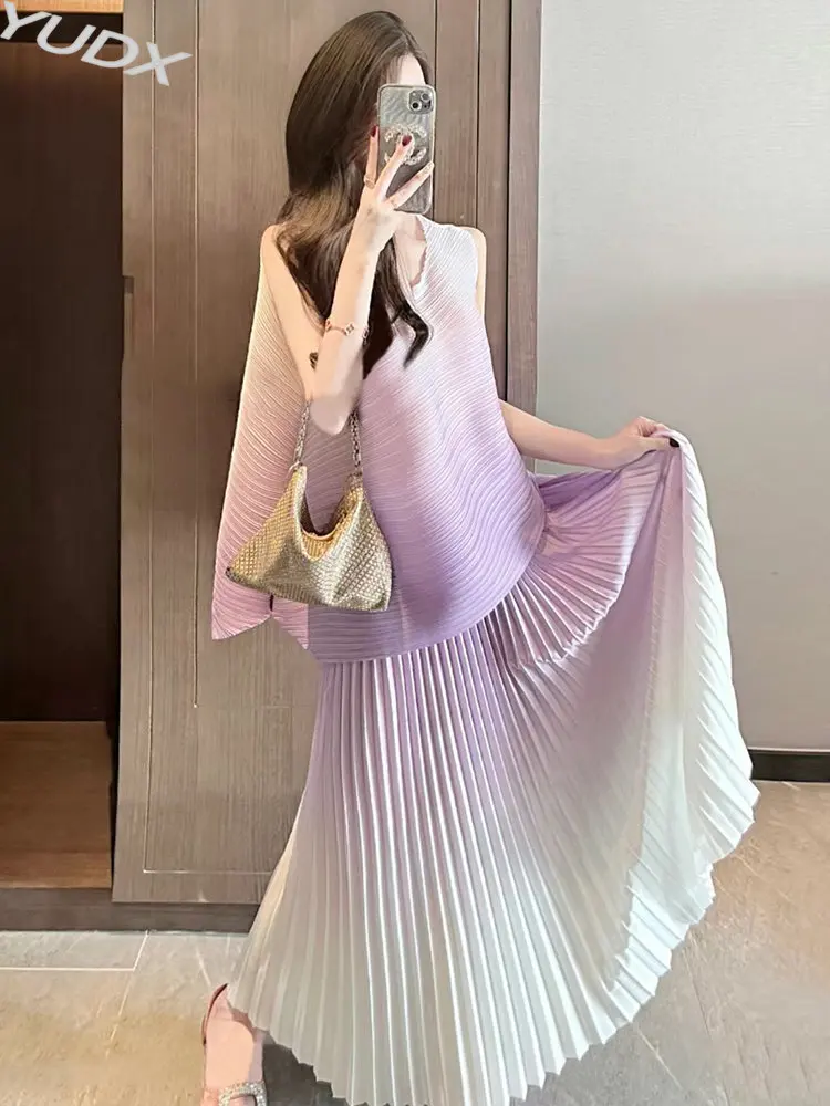 Miyake High-end Tops Long Skirt Women Two-piece Set 2023 Summer New Loose Pleated Irregular T-shirt + Gradient Color Skirt Set