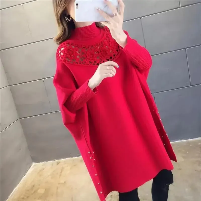 2024 Women Pullover Loose wool Batwing Sweater Ladies Knitted ponchos Coat red cape dress cloak capas y ponchos Shawls and Wraps