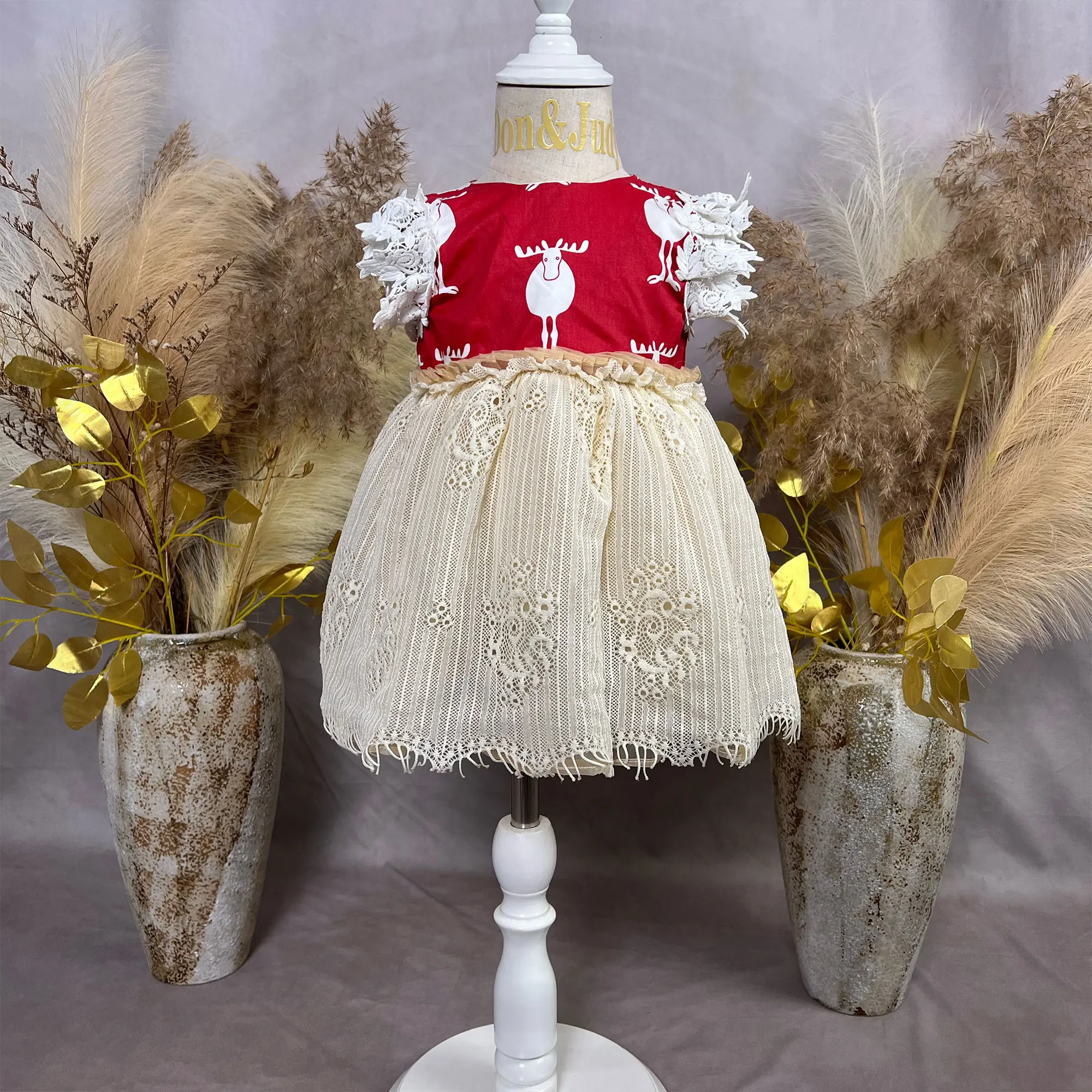 1 to 6 Years Old Christmas Baby Costume Lace Cutout Embroidered Skirt Little Princess Holiday Gift Photo Prop Birthday Party