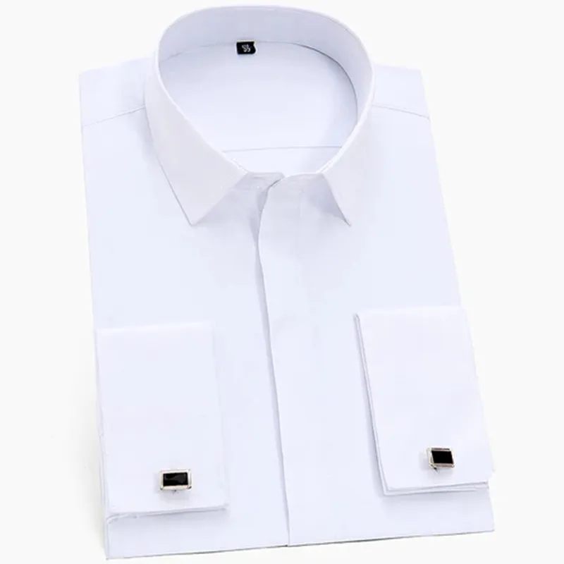 Men's Classic French Cuffs Solid Dress Shirt Formal Business Standard-fit Long Sleeve Office Work White-Blue-Pink Shirts S-4XL