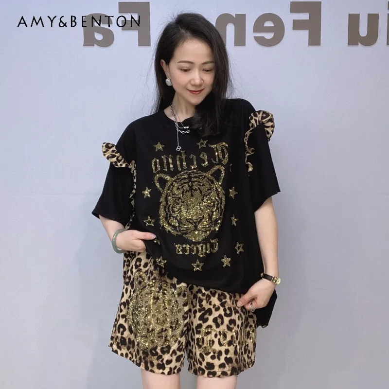 

American Style Fashion Ruffled Leopard Print Short Sleeved T-shirt Shorts Two-Piece Set Chiffon Rhinestone Oversized Outfit Girl
