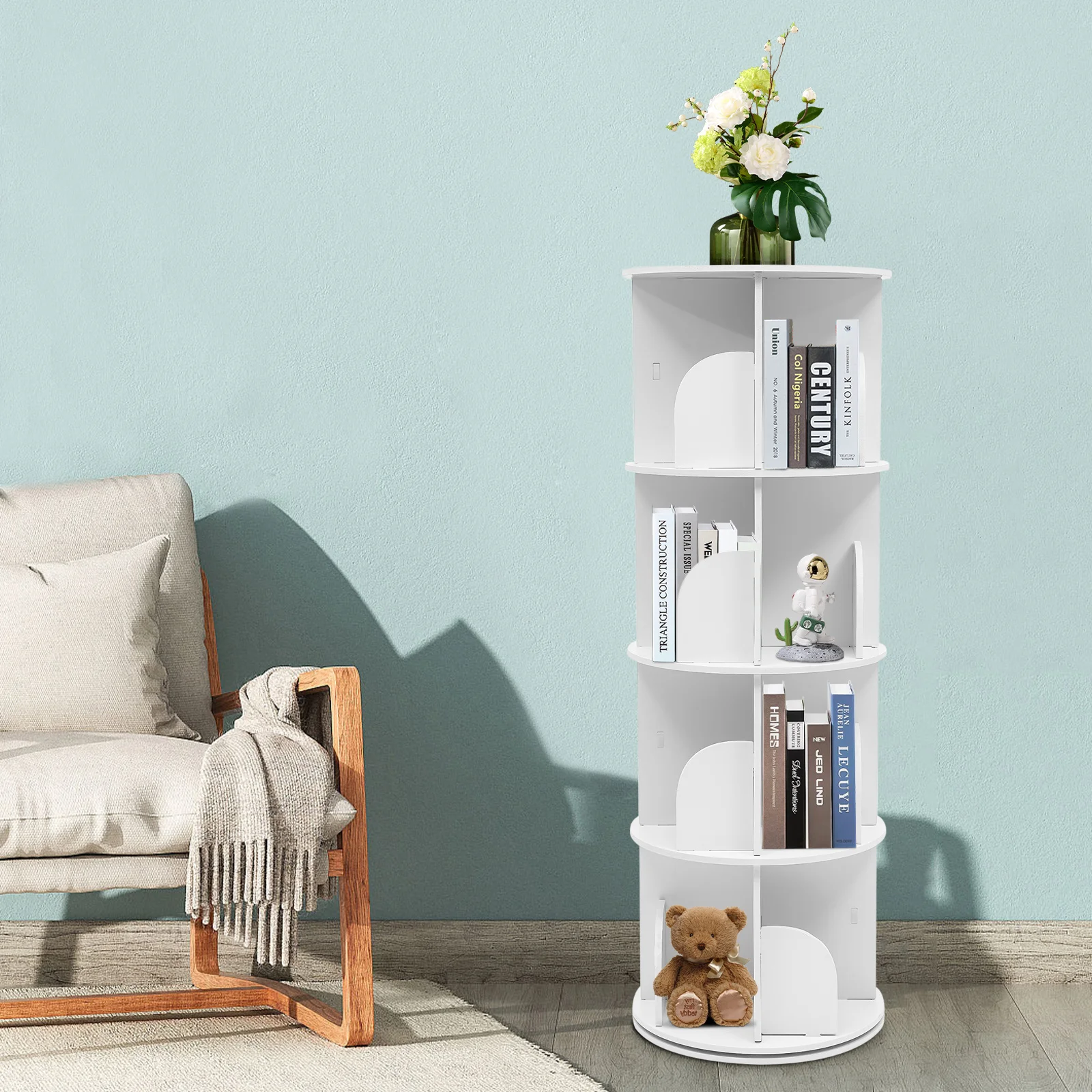 

Rotating Bookcase, Standing Shelf, Cylindrical Bookshelf,Total Load Capacity 100 kg, for Bedroom, Living Room, Office,White