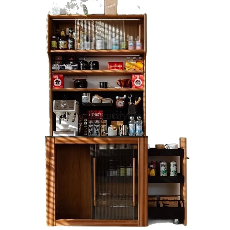 European solid wood dining side cabinet integrated against the wall cherry wood color living room ultra-thin narrow side cabinet