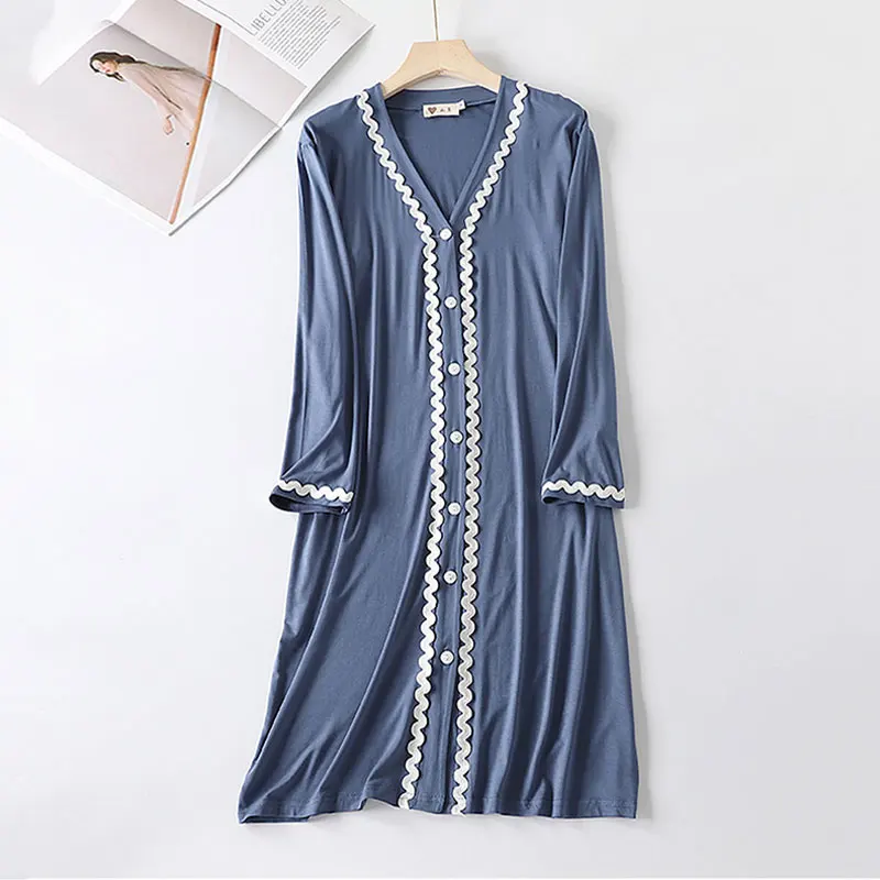 2024 Modal homewear Nightdress Dress women\'s Long-Sleeved mid-length Pajamas Spring, Autumn Loose High-end Robes Sleepshirts