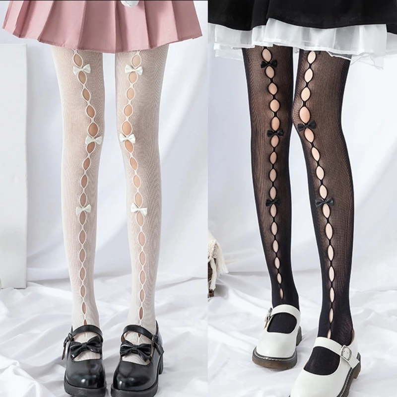 

Women Girls Hollow Out Hole Fishnet Pantyhose Sweet Handmade Bowknot Japanese Stretch Tights Stockings Footed