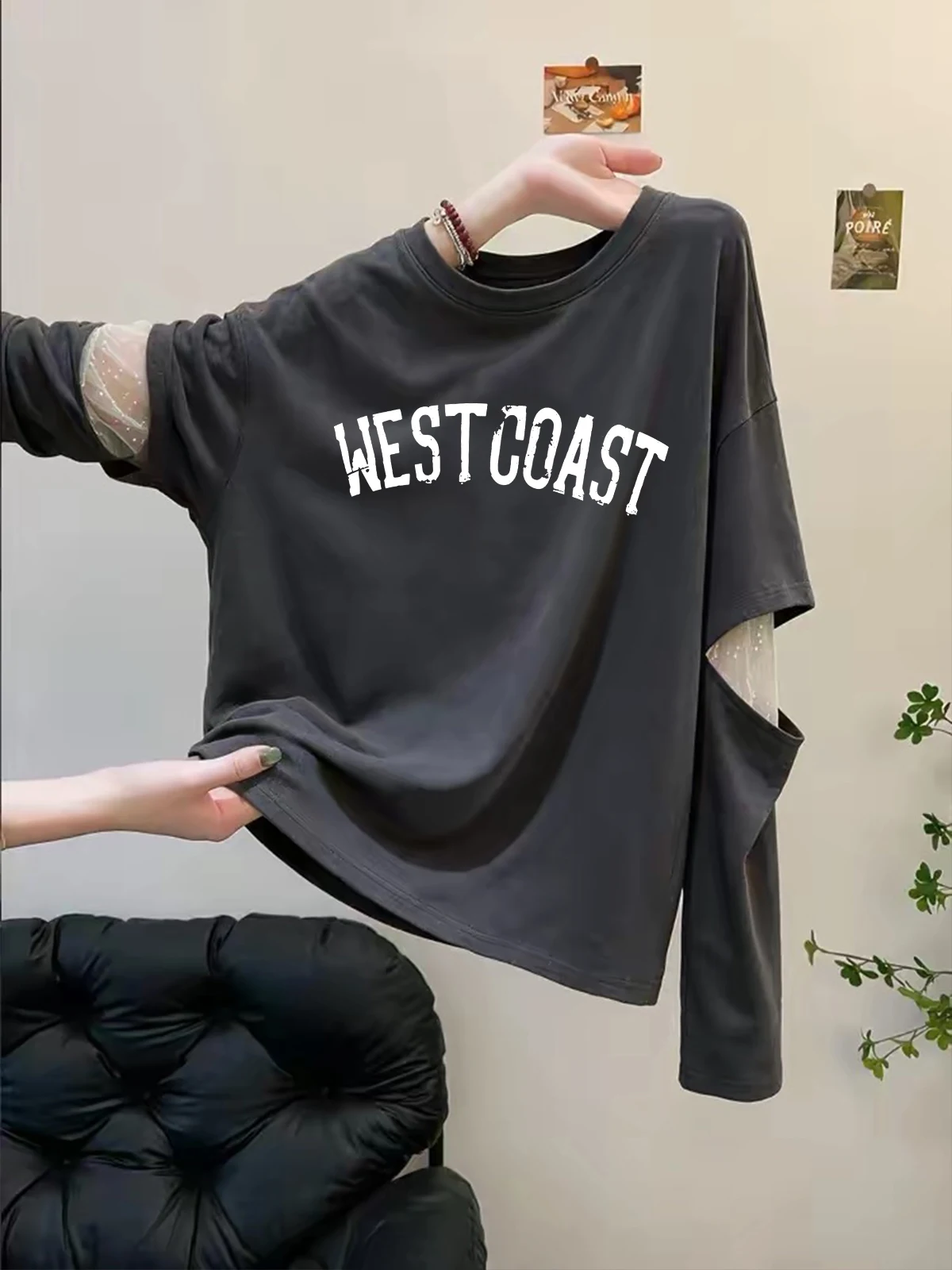High-End Women's Long Sleeve T-Shirt Mesh Splicing Fake Two-Piece Autumn Fashion Versatile Beautiful Top Loose Fit Creative P...
