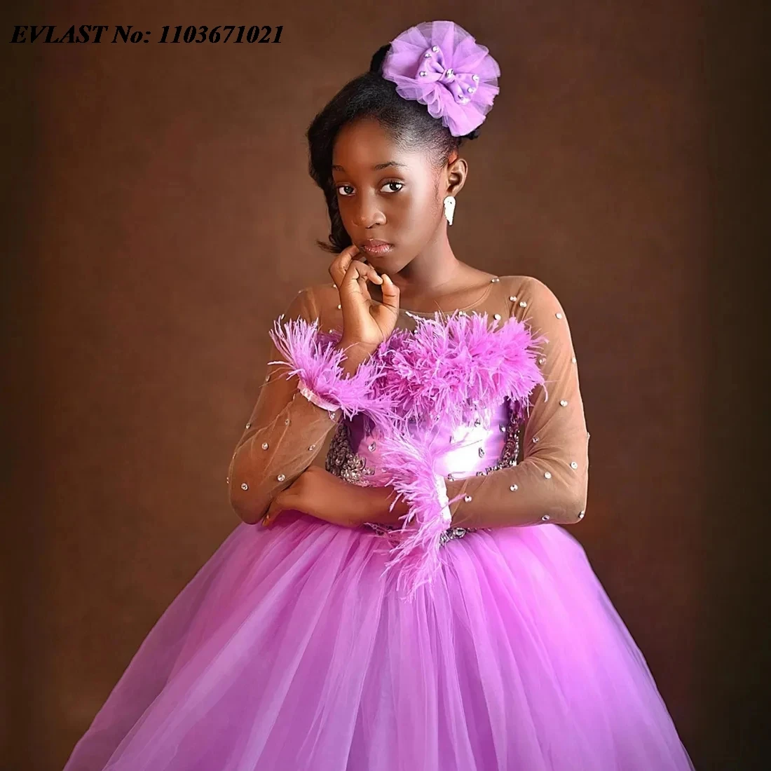 EVLAST Customized Pink Flower Girl Dress Ball Gown Beading Girl Pageant Gowns Long Sleeve Communion Girls Party Dress FD09