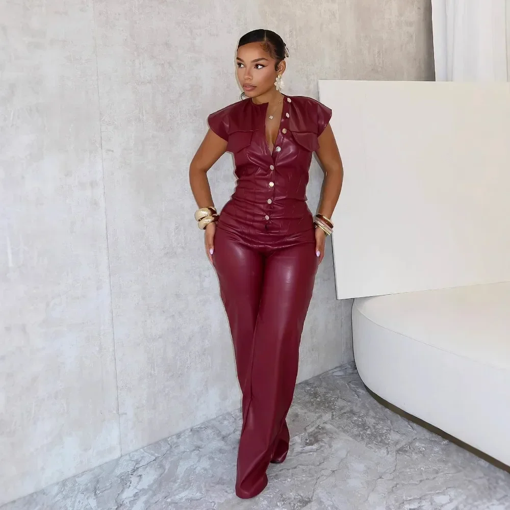 

Fashion Women PU Leather Single Breasted Ruched Cargo Jumpsuits Autumn Sexy Party Street Playsuit One Piece Suit Romper