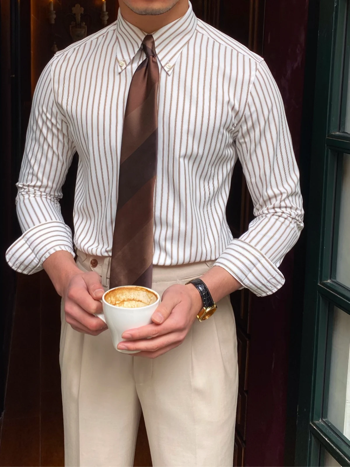 

Slim Fit Men's Casual Long Sve Striped irt Faionable Briti Sle Coffee Color Mr. Deer Tee's Retro Trendy irt