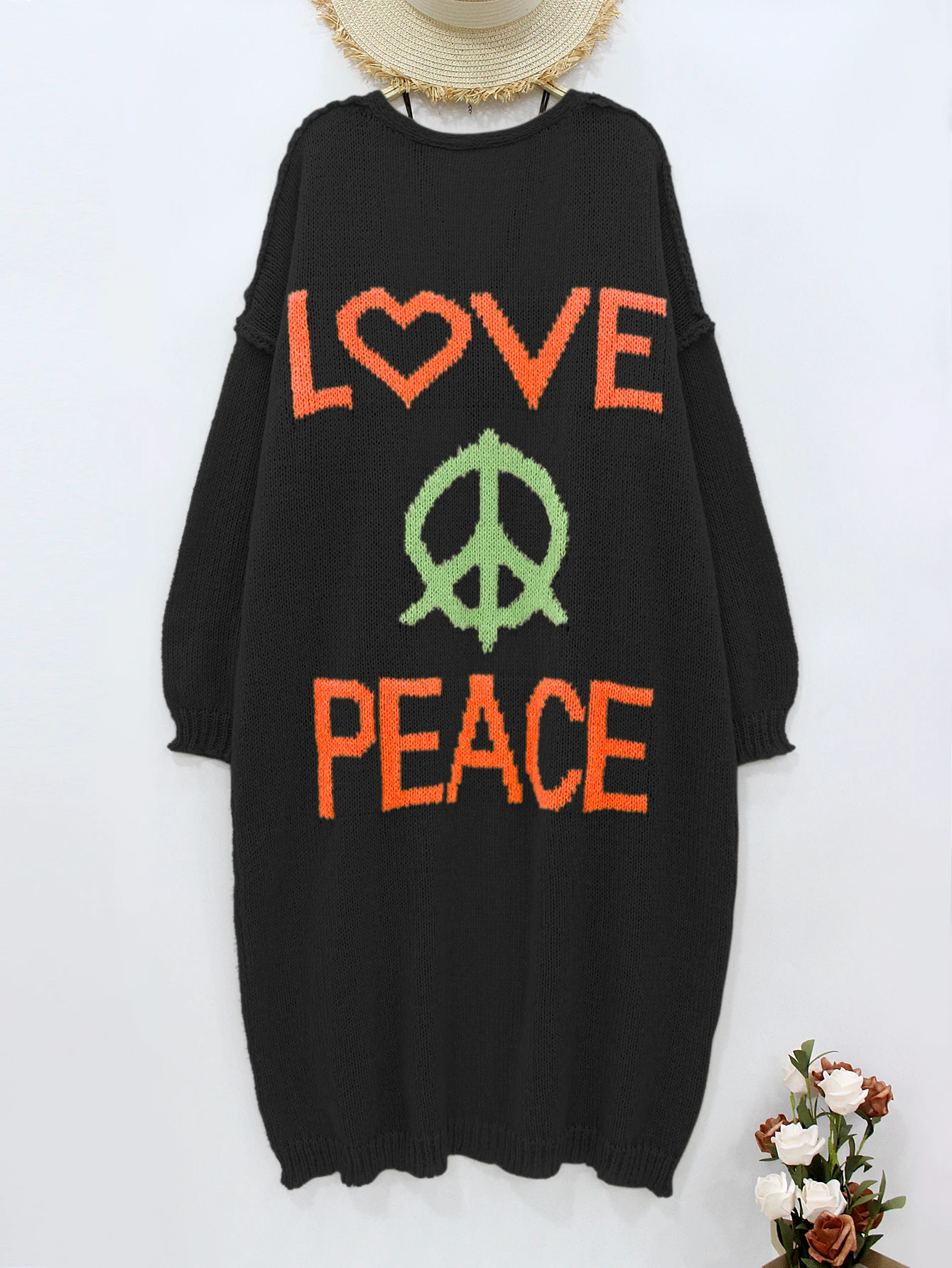 Nowy, rozmiar plus size, jesienno-wiosenny, casualowy, żakardowy, luźny płaszcz trencz do kolan, dzianinowy kardigan, sweter, miłość i pokój.