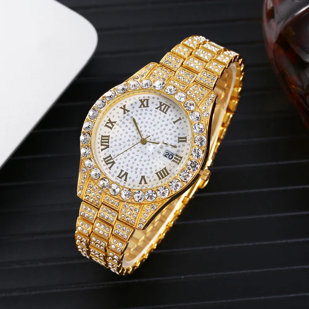 Watches for Men Luxury Fashion Hiphop Iced Out Watch Women Gold Rhinestone Quartz Wristwatch Relogio Masculino Gifts Mens Watch