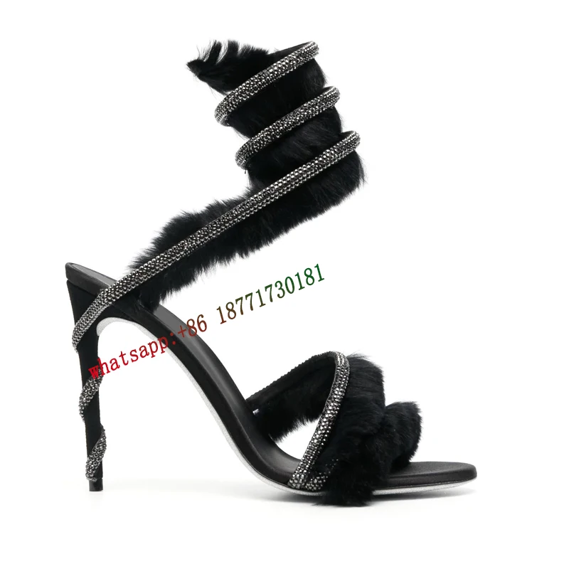 Wraparound Style Faux-Fur Rhinestone Sandals Woman Summer 2023 Black White Open Toe Stiletto Heel Lurxury Shoes for Women