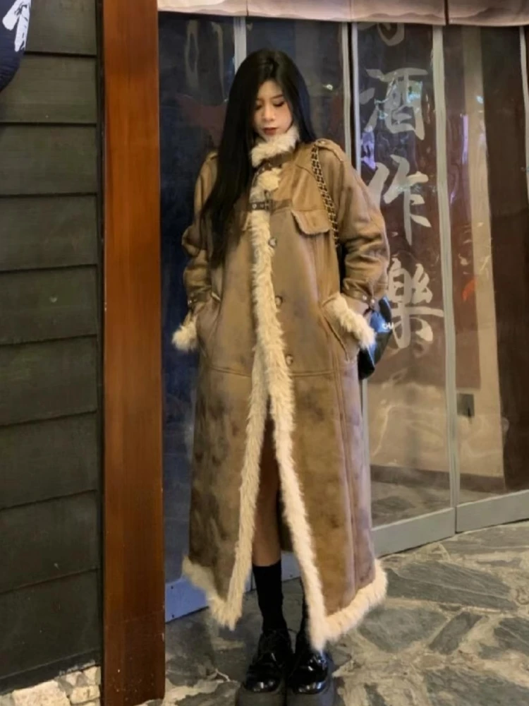 

Women Winter Faux Fur Coat Long Shearling Jacket Warm Thick Vintage Lamb Wool Outerwear