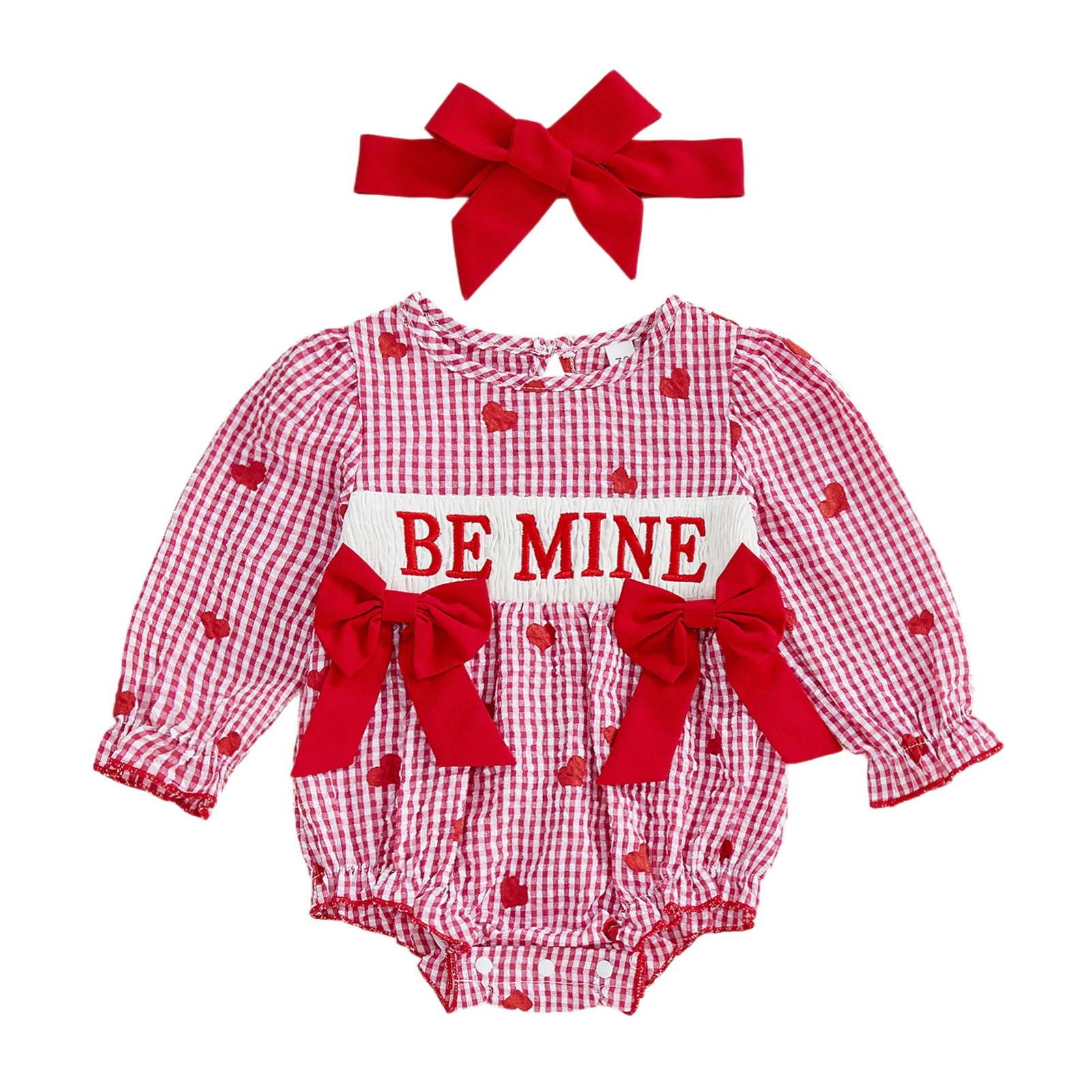 

Baby Girl Valentine’s Day Outfits Long Sleeve Heart Embroidery Romper with Headband Set Newborn Clothes