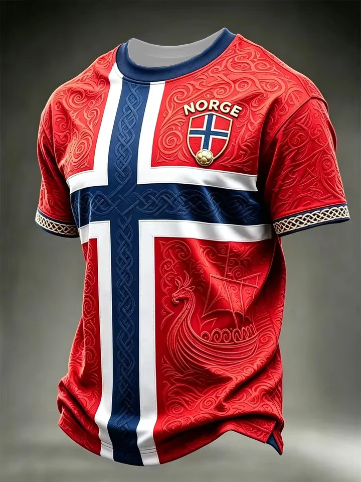 Norwegen Fußball T-Shirt Herren Viking Grafik Norge Kreuz Bedrucktes Trikot Sommer Kurzarm Retro Streetwear Freizeitkleidung 4 – Detail 2