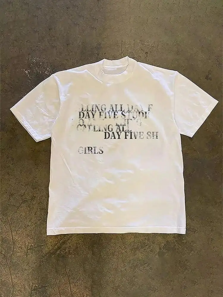 Street-Trend Vintage T-Shirt mit verschwommenem Textdruck im dunklen Stil, lockerer Rundhalsausschnitt, reine Baumwolle, Kurzarm-Shirt – Detail 5