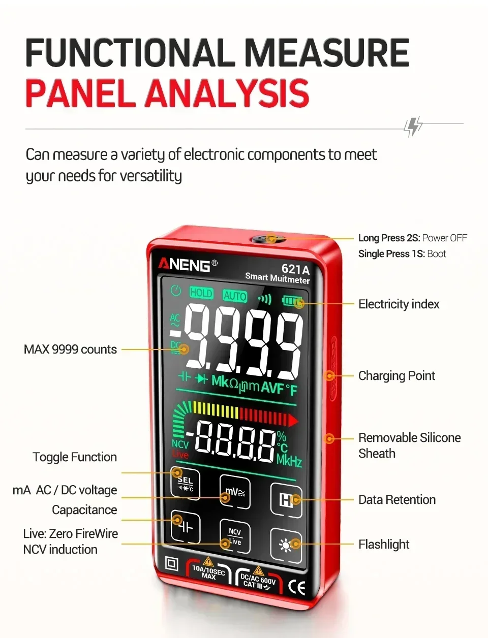 ANENG 620C/621A Digitales Multimeter AC/DC Spannungs- und Strommessgerät 6000 Anzeigen NCV Temperatur Kapazität Widerstand Frequenz ﻿ – Detail 21