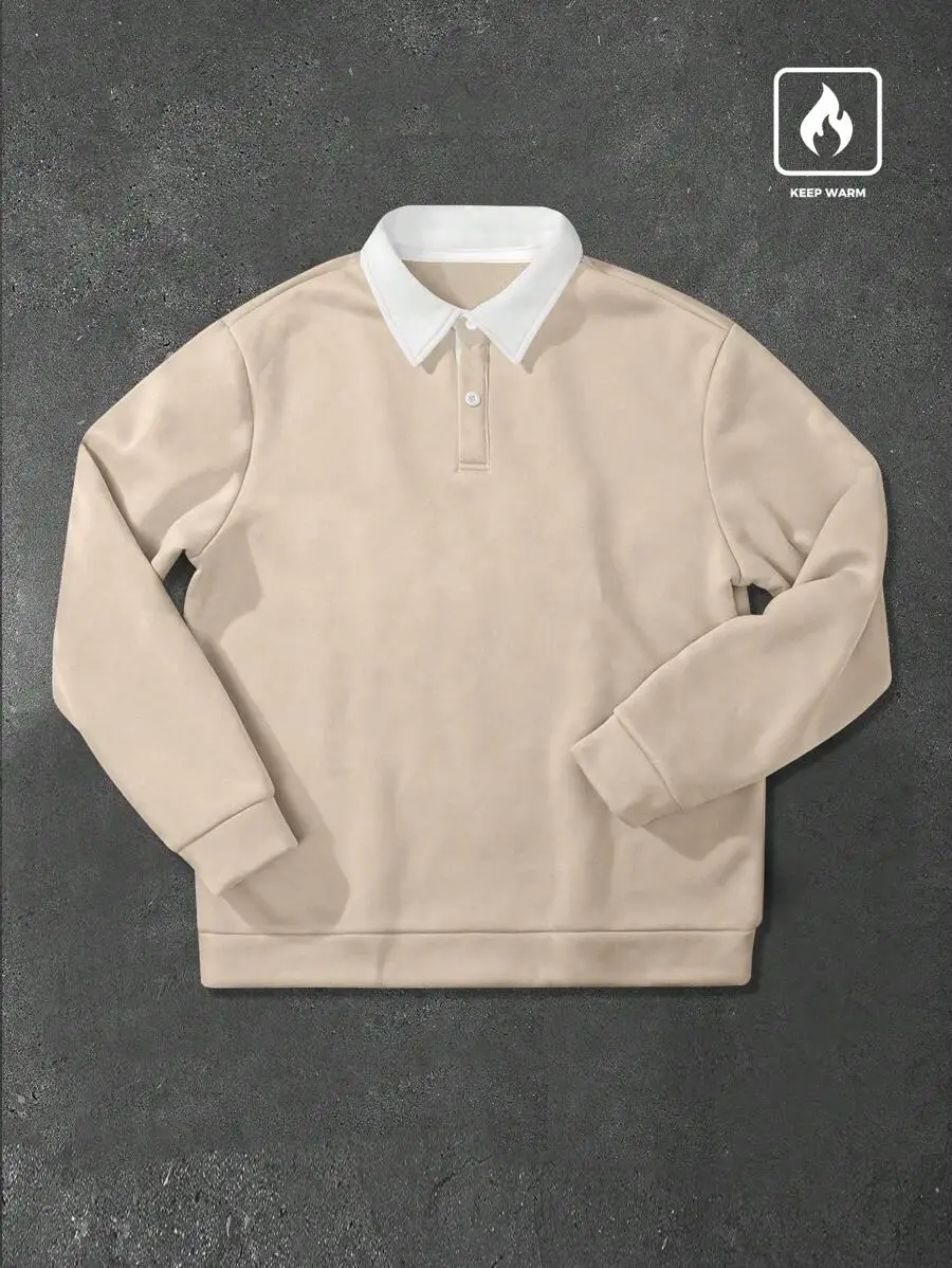 

Men's Loose Fit Thermal Lined Contrast Collar Polo Sweatshirt