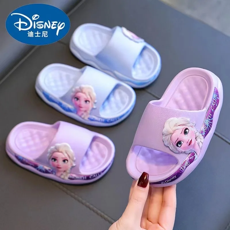 Disney Summer Baby Girls Shoes Kids Slippers Cartoon Frozen Elsa Print Soft Non-slip Beach Sandal Indoor Home Bath Shoes 24-36