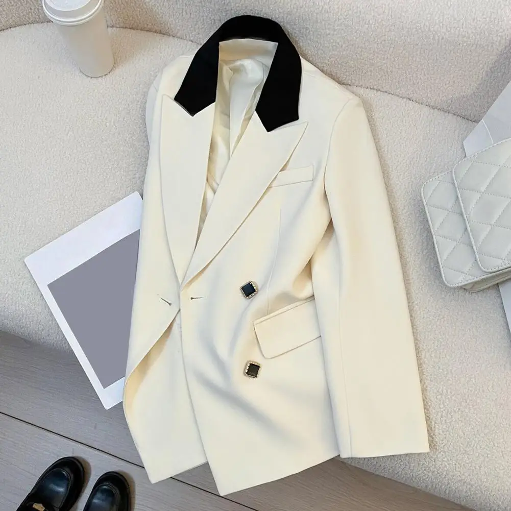 Women Suit Coat Lapel Long Sleeve Double Breasted Suit Jacket with Flap Pockets Loose Fit Business Outwear