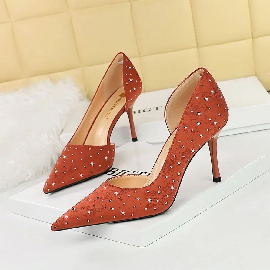 BIGTREE Shoes Rhinestone Design Kitten Heels Women 8 Cm Pumps Silk Satin Luxury High Heels Stilettos Banquet Shoes Plus Size 43