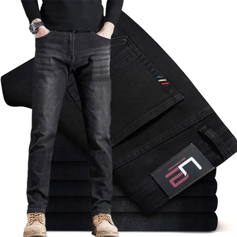 

Мужские свободные прямые эластичные джинсы, мужские универсальные облегающие джинсовые брюки в корейском стиле, повседневные винтажные умные повседневные брюки