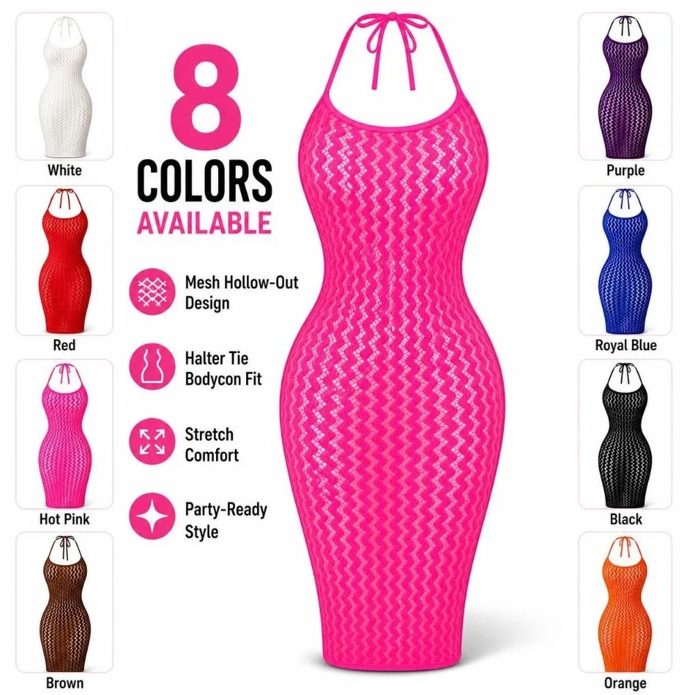 Hollow Out Halter Neck Bodycon Dress Mesh See Through Knitted Halter Midi Dress Cover Up Fishnet Backless Bodycon Dress