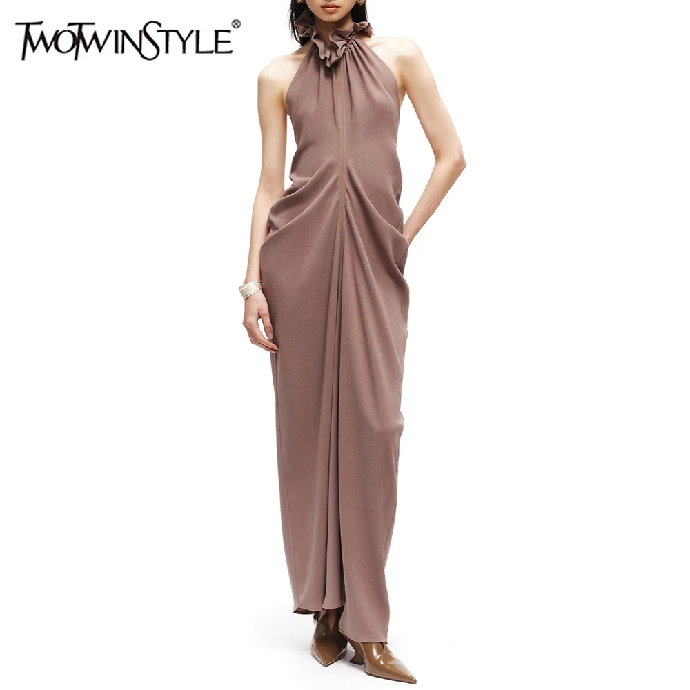 

TWOTWINSTYLE Solid Spliced Folds Dresses for Women Ruffles Neck Sleeveless Backless High Waist Temperament Dress Female