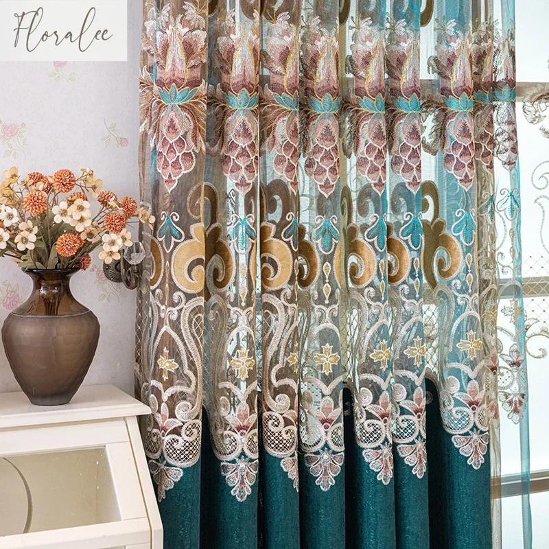 

Embroidery Dark Green High-end Chenille Luxury European Retro Curtains For Living Room Bedroom Dining Study Custom Size Decor
