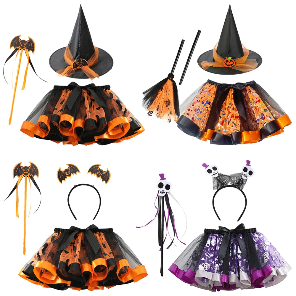 Disfraz de bruja para fiesta de Halloween para niñas, falda tutú de escoba con sombrero de mago, falda corta de malla hinchada con estampado de murciélago y calabaza, 3 uds.
