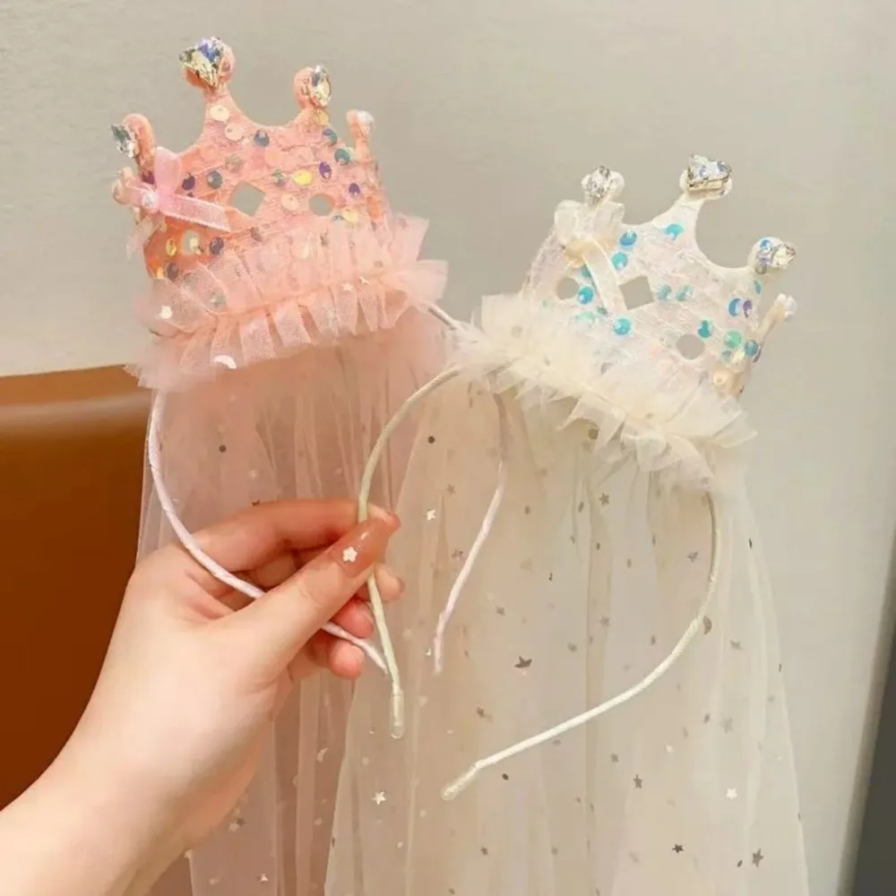 1PC Pink/White Sequin Princess Crown Veil Headband Sparkly Tulle Hair Accessory for Cute Girl's Party Dress up image 2