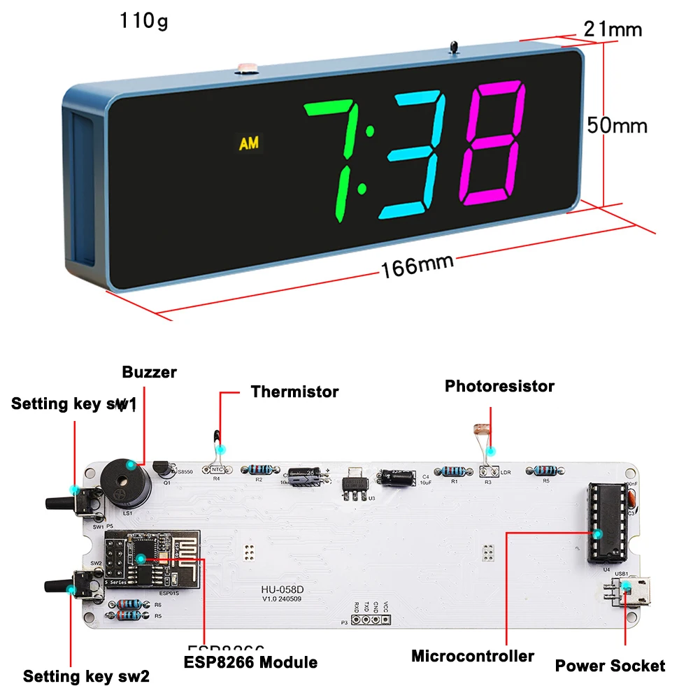 ESP8266  Colorful WiFi Clock Kit Intelligent Electronic Clock DIY Welding Practice Parts Set Automatic Time Synchronization with